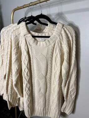Jodifl Cream Oversized Cable Knit Balloon Sleeve Crewneck Sweater